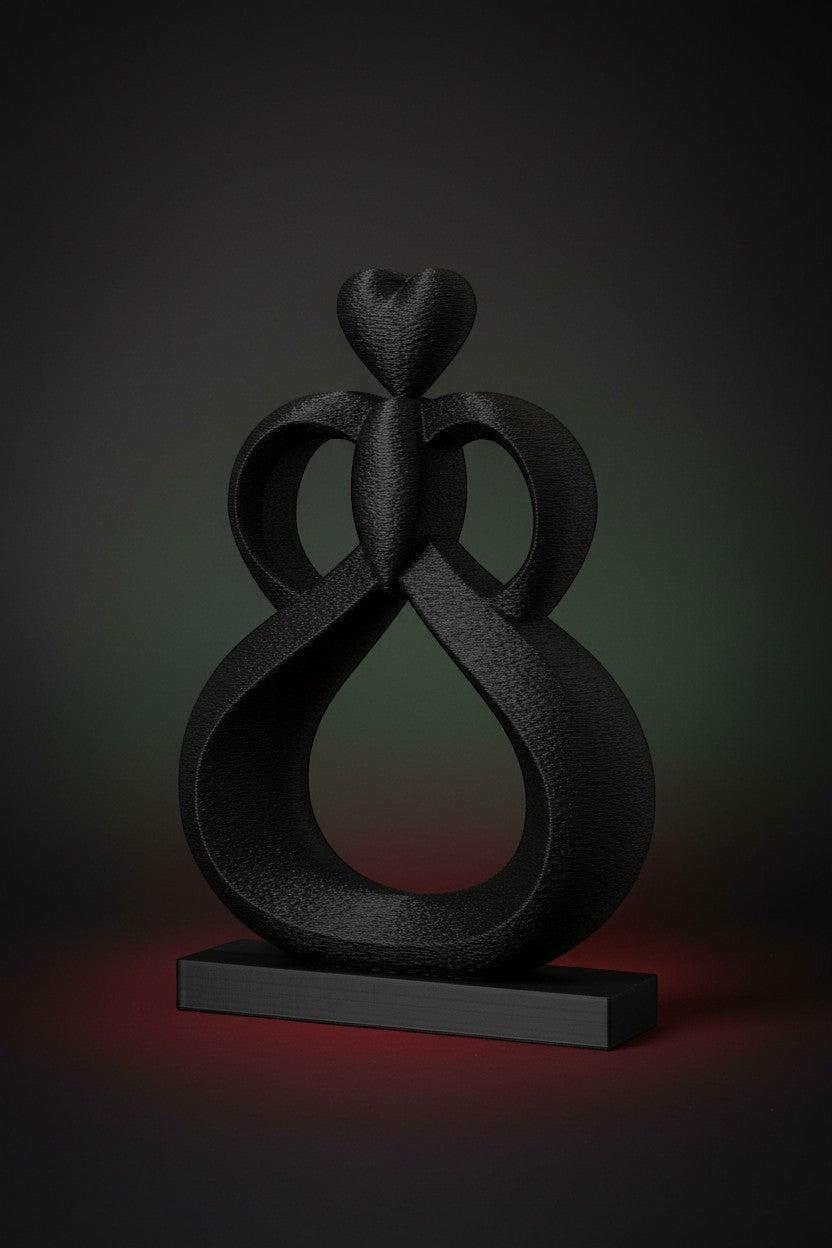 FLY-OG 3D black PLA+ Heartflow Infinity Sculpture symbolizing love and unity, 7.5 inches tall.