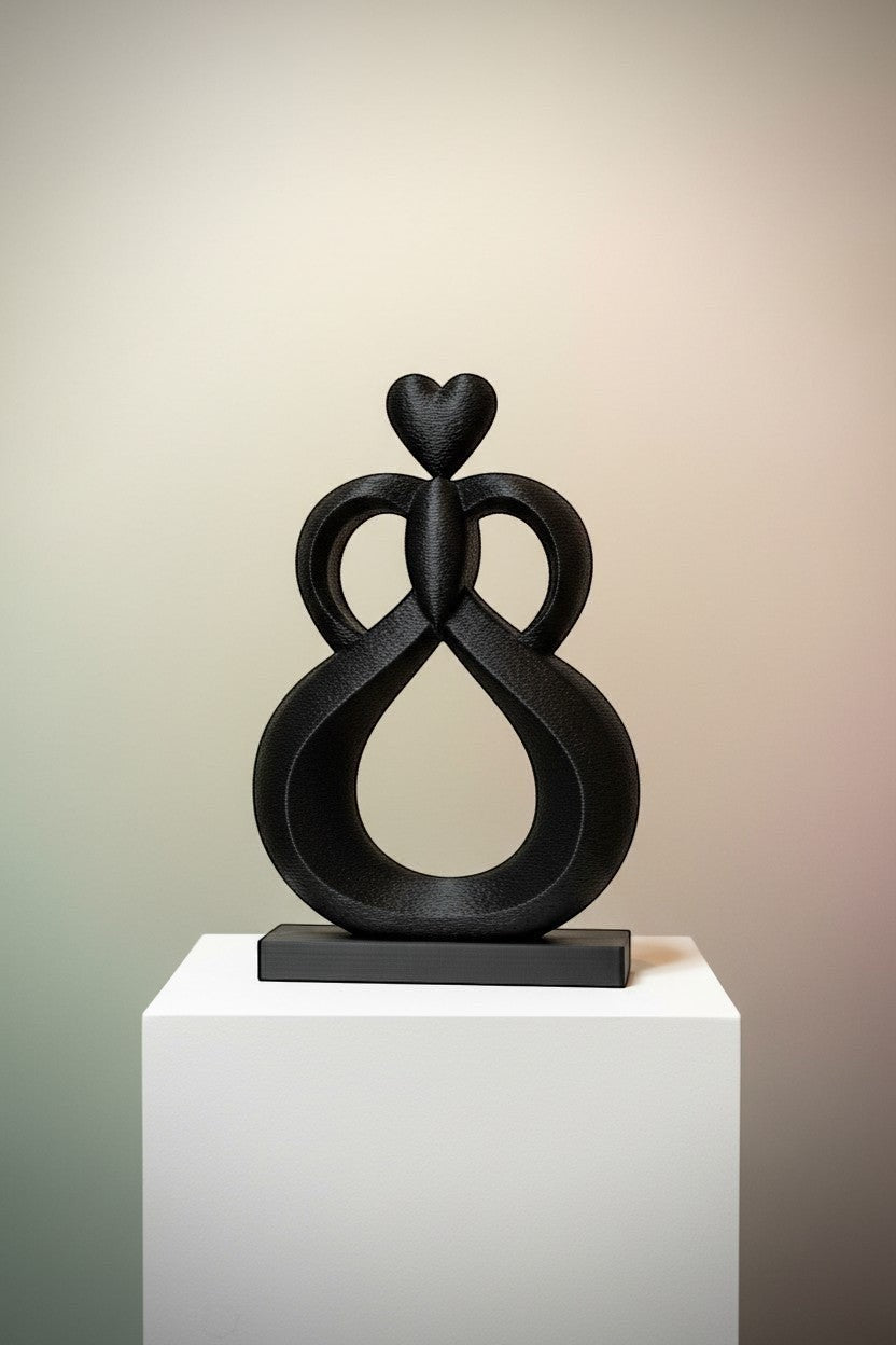 FLY-OG 3D black PLA+ Heartflow Infinity Sculpture symbolizing love and unity, 7.5 inches tall.