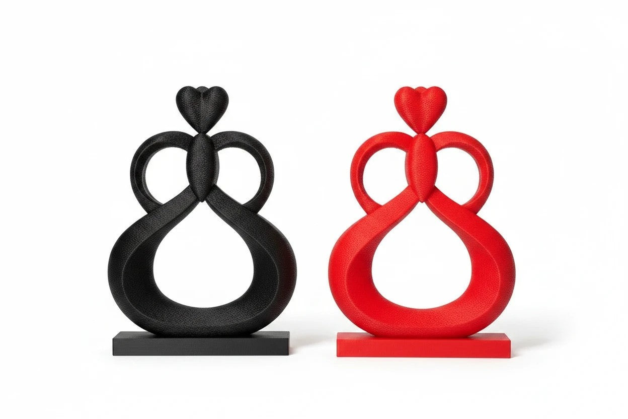 FLY-OG 3D Heartflow Infinity Sculpture in black and red PLA+ with matte finish, symbolizing love and unity.