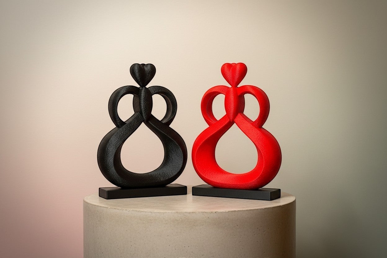 FLY-OG 3D Heartflow Infinity Sculpture in black and red PLA+ with matte finish, symbolizing love and unity.