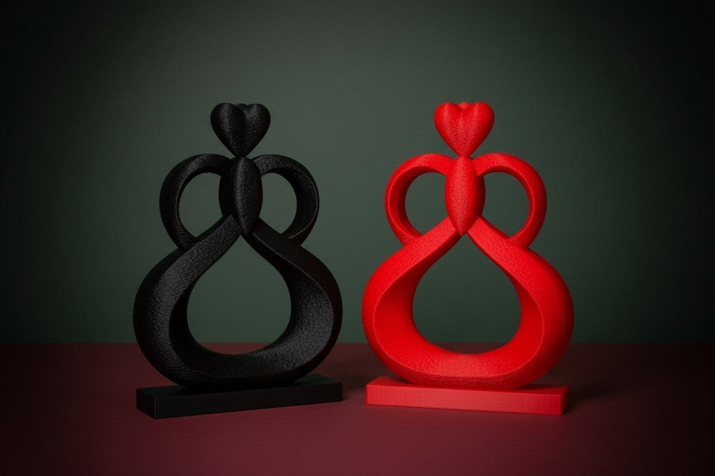 FLY-OG 3D Heartflow Infinity Sculpture in black and red PLA+ with a matte finish, symbolizing love and unity.