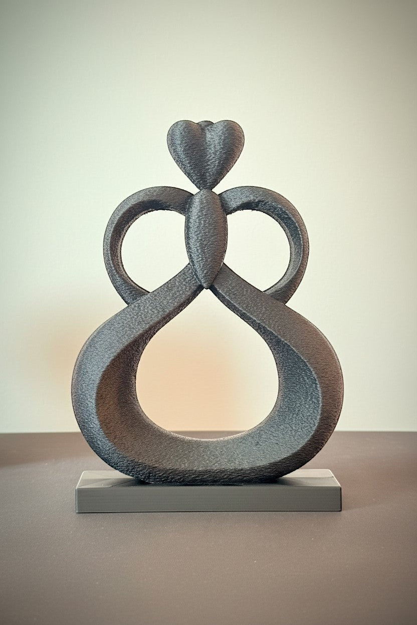 FLY-OG 3D Heartflow Infinity Sculpture, black, PLA+ with matte finish, symbolizing love and unity.