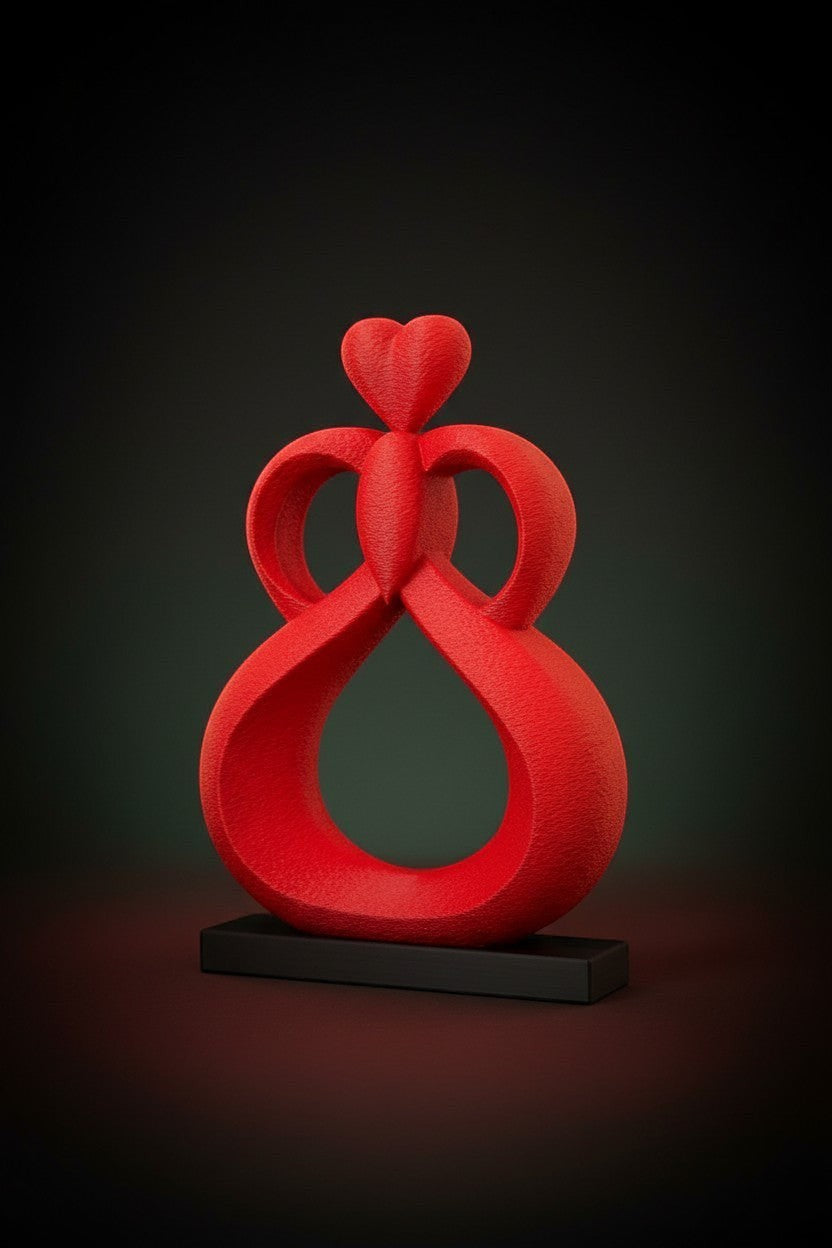 Red Heartflow Infinity Sculpture by FLY-OG 3D, symbolizing love and unity. Made from PLA+ with a matte finish.