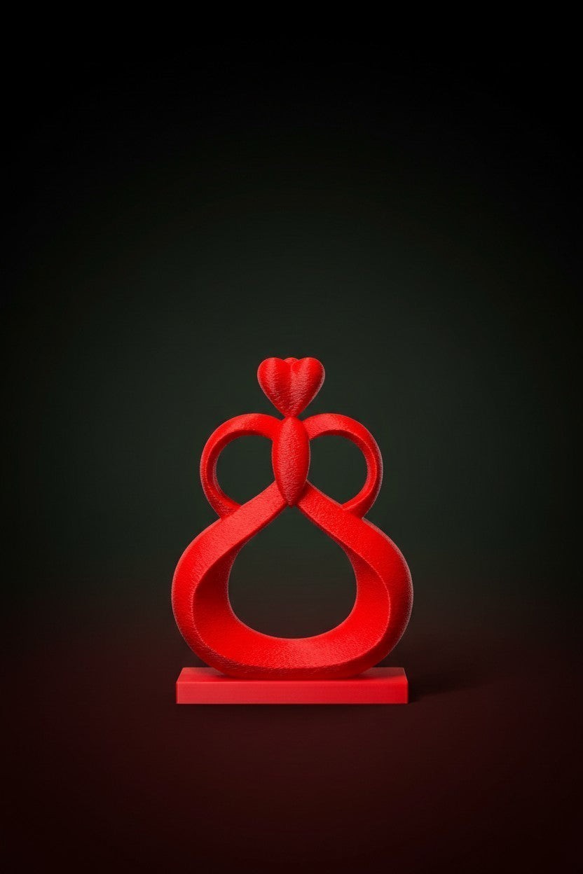 Red Heartflow Infinity Sculpture by FLY-OG 3D, symbolizing love and unity. Made of PLA+ with a matte finish.