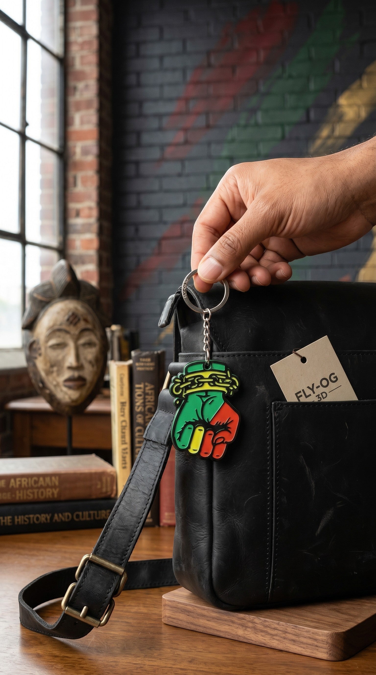 FLY-OG 3D Juneteenth Fist of Power keychain with broken chains, red, black, and green Pan-African colors.