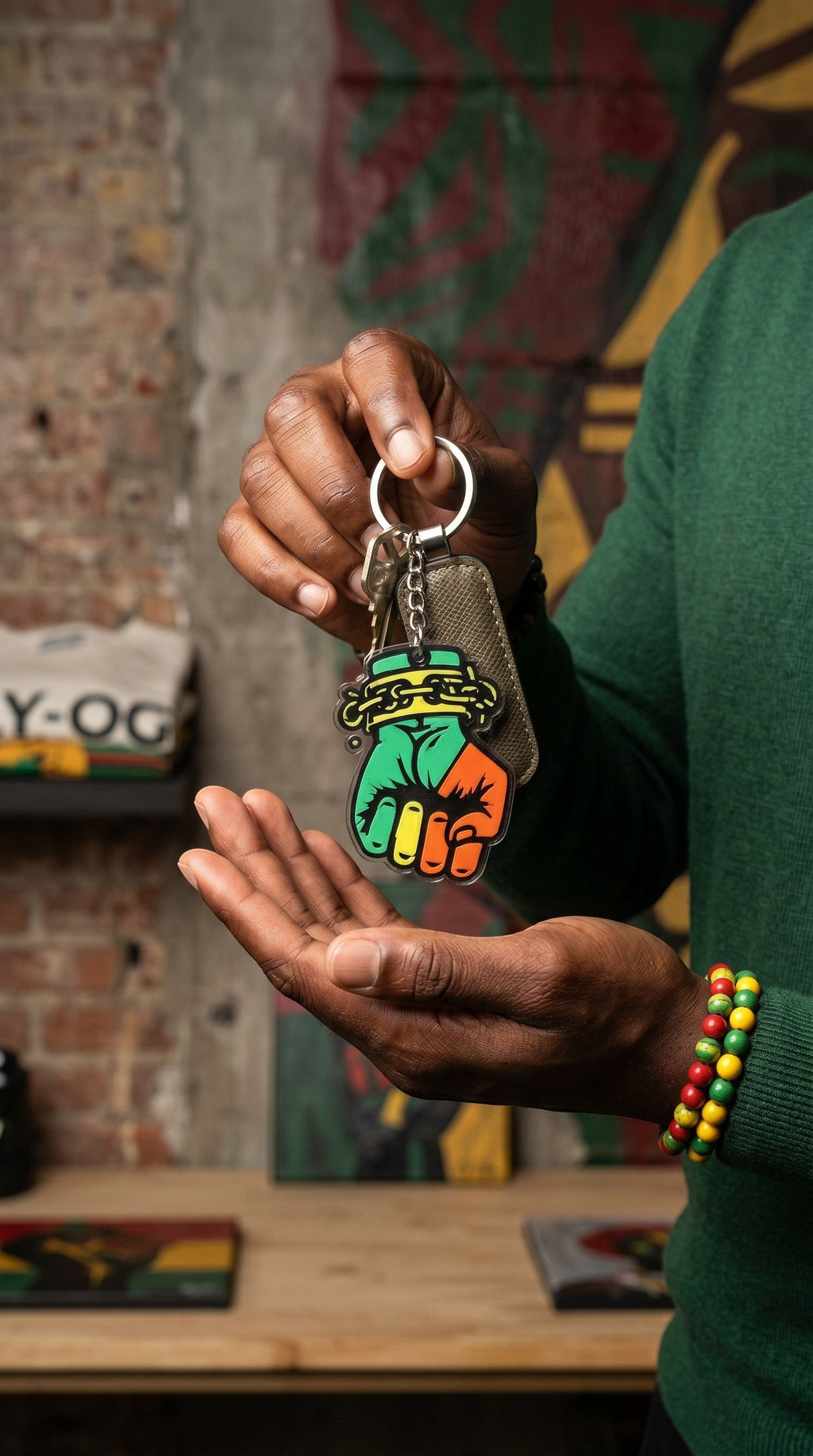 FLY-OG 3D Juneteenth Fist of Power keychain with broken chains, in Pan-African colors: red, black, and green.