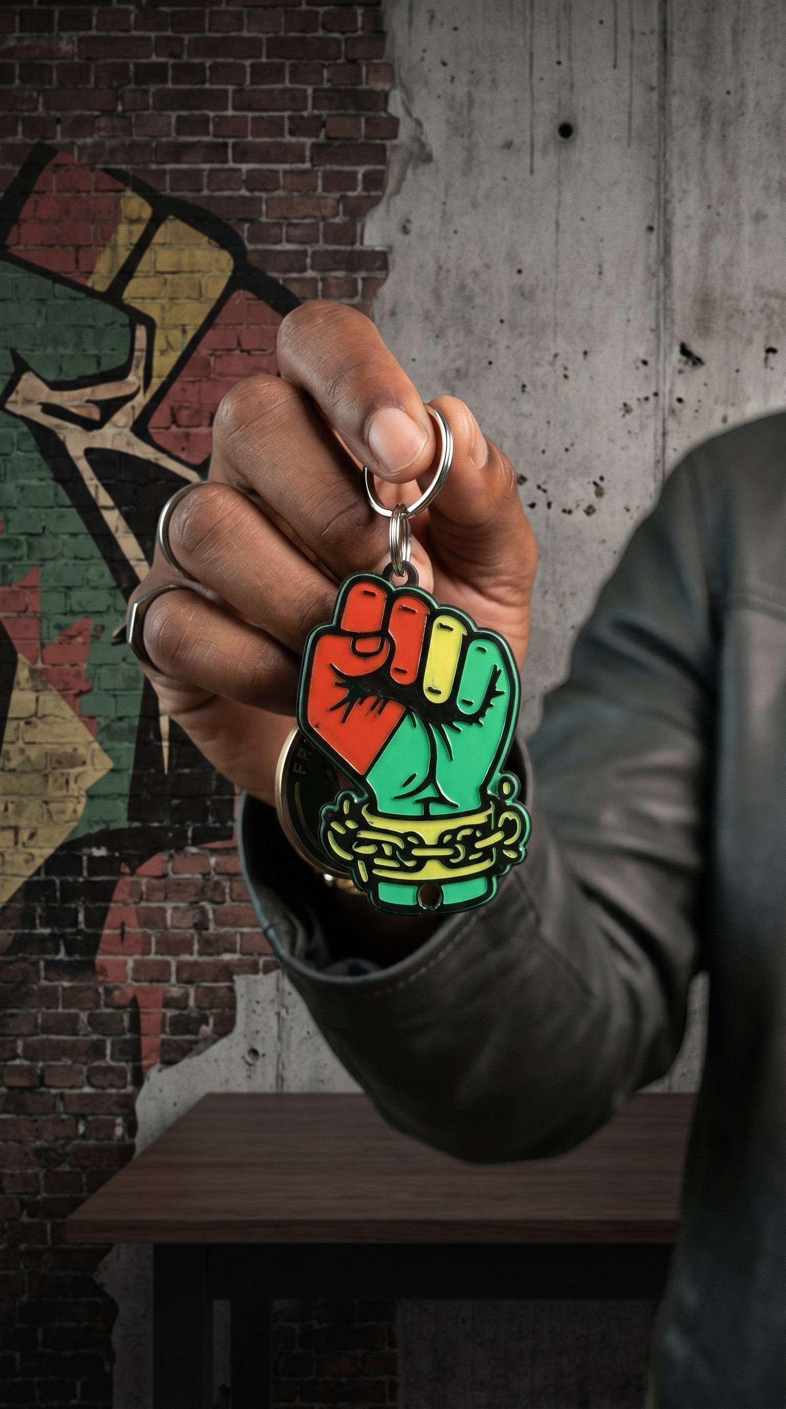 FLY-OG 3D Juneteenth Fist of Power keychain with broken chains, red, yellow, and green Pan-African colors.