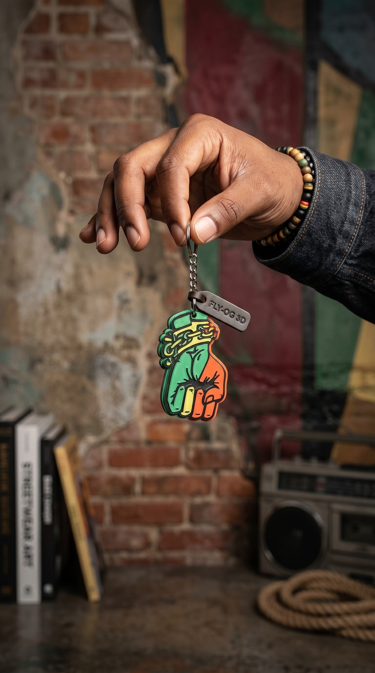 FLY-OG 3D Juneteenth Fist of Power keychain with broken chains, red, black, and green Pan-African colors.