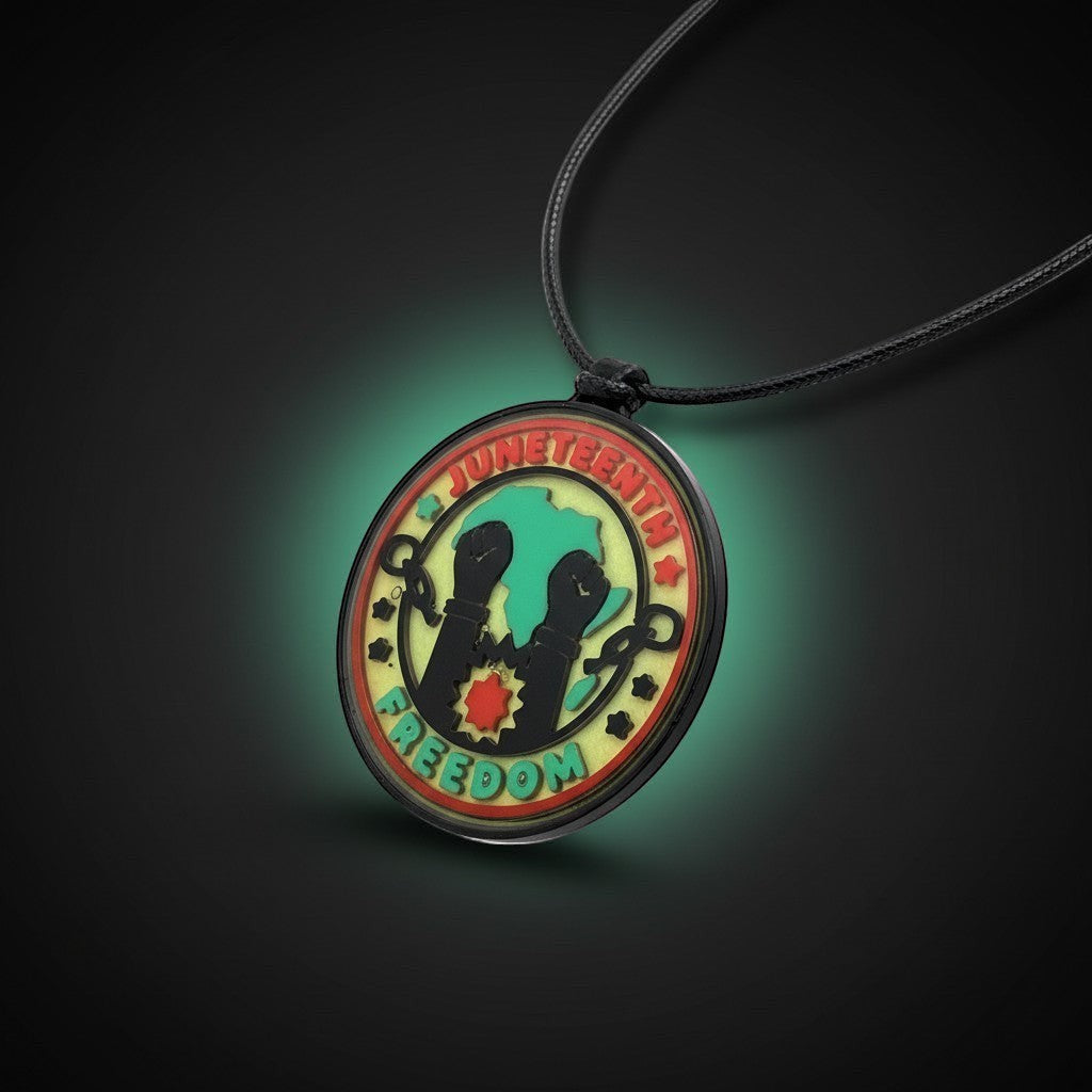 FLY-OG 3D Juneteenth Freedom Medallion pendant necklace with raised fists, broken chains, and Africa silhouette on a black cord.