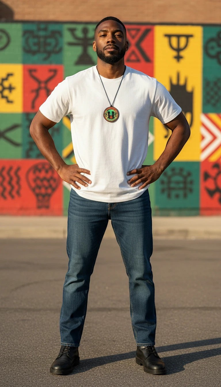 FLY-OG 3D Juneteenth Freedom Medallion pendant necklace with raised fist and broken chains on a man wearing a white t-shirt and jeans.