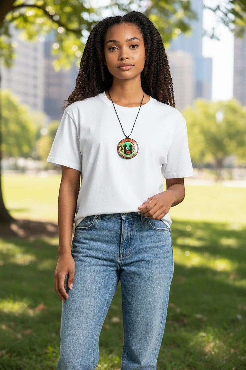 FLY-OG 3D Juneteenth Freedom Medallion pendant necklace with raised fists and broken chains on a black cord.