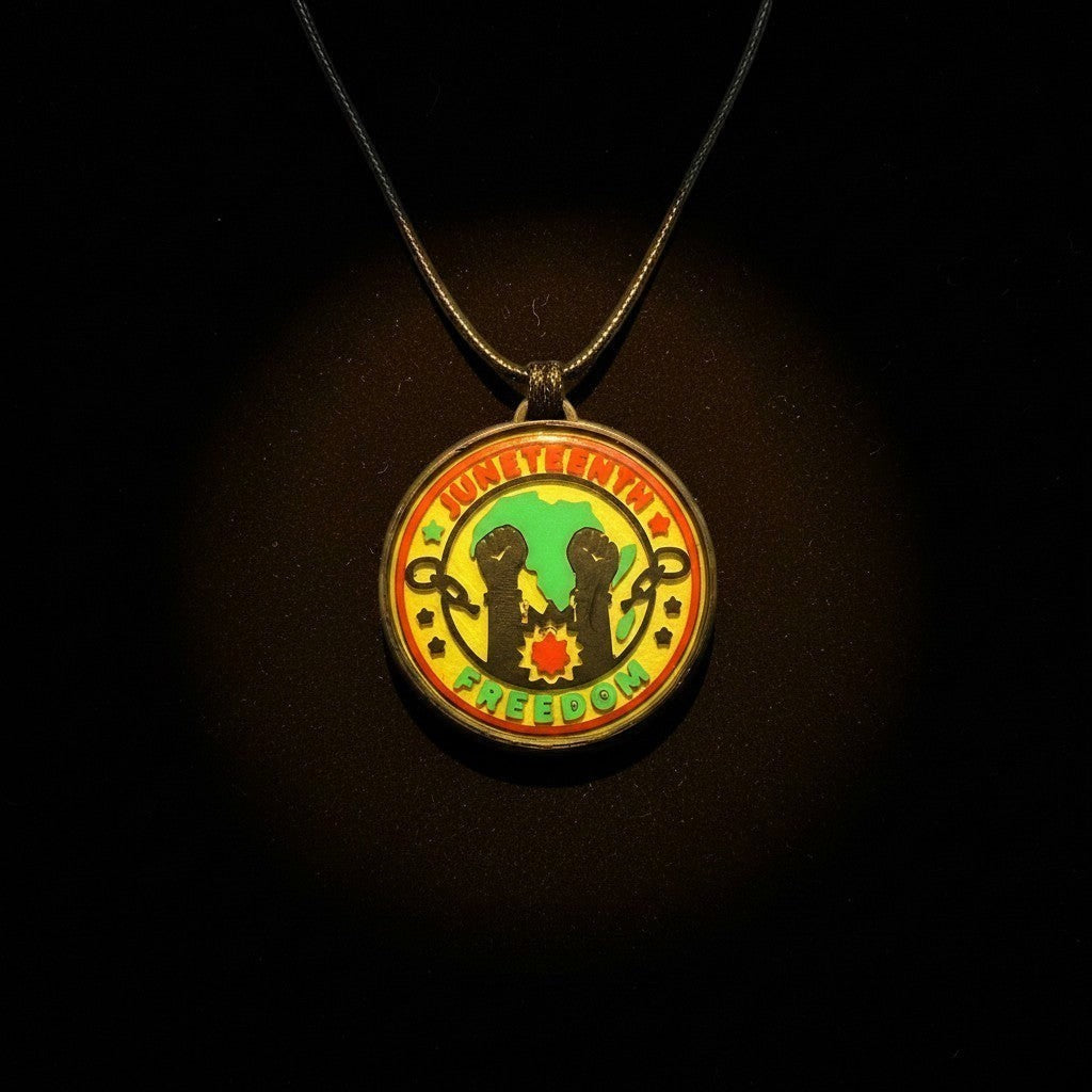 FLY-OG 3D Juneteenth Freedom Medallion pendant necklace with raised fists, broken chains, and Africa silhouette on black cord.
