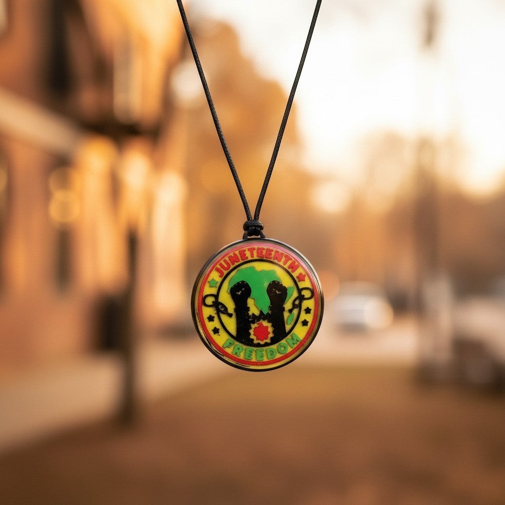 FLY-OG 3D Juneteenth Freedom Medallion pendant necklace with raised fists, broken chains, and Africa silhouette on a black cord.