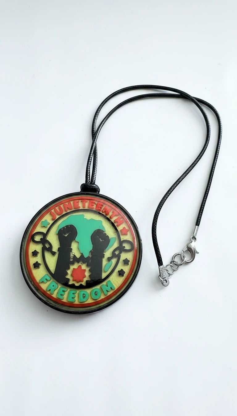 FLY-OG 3D Juneteenth Freedom Medallion pendant with raised fists, broken chains, and Africa silhouette on black cord.